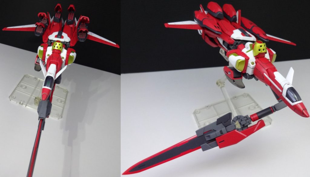 追加装備は一応パーツ干渉しないようにしているため、つけたままでも変形が可能。ビーム・ランチャーが機体の腹に来るようになります。このときのイメージとしては「カウボーイビバップ」のソードフィッシュⅡを思い受かべましたが気のせい。アームが動いてくれるので、飛行中に格闘戦とかできますね。