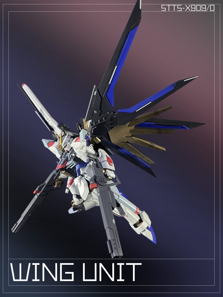 背部の能動性空力弾性翼は「MA-BBF75」2門とドラグーン端末8基を備えた機動兵装ウィングである。加えて、正式仕様のオプションである「MDE262S」に類似したナノ粒子制御システムを搭載している。The active aeroelastic wing on the back is a mobile armament wing with two