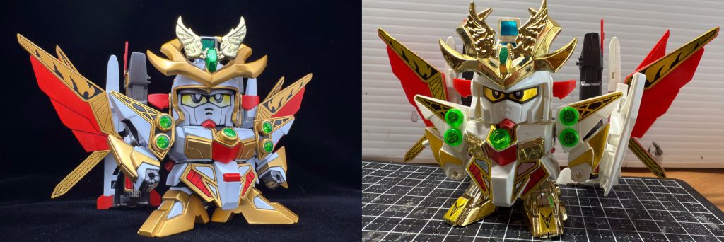 最後に素組状態との比較。三代目頑駄無大将軍は“SDX“という完成された立体物がすでに存在しており、少し製作を躊躇していましたが、初代・二代目・四代目が揃ったため、同じ体型の三代目をどうしても揃えたく製作を開始しました。これで、四大将軍が揃いました😁最後までご覧いただきありがとうございました(gundam-kao6)