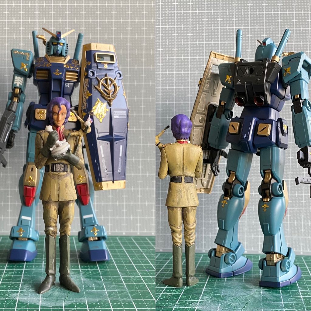 制作ですがカラーリングはマ・クベ専用グフを参考にしてます。ネイルシールと余剰デカール、半光沢クリヤーで仕上げてます。シールドにネイルシールと100均のアルファベットシール「M」を合わせて貼って専用機らしくしてみました。最後までお付き合いいただきありがとうございました。