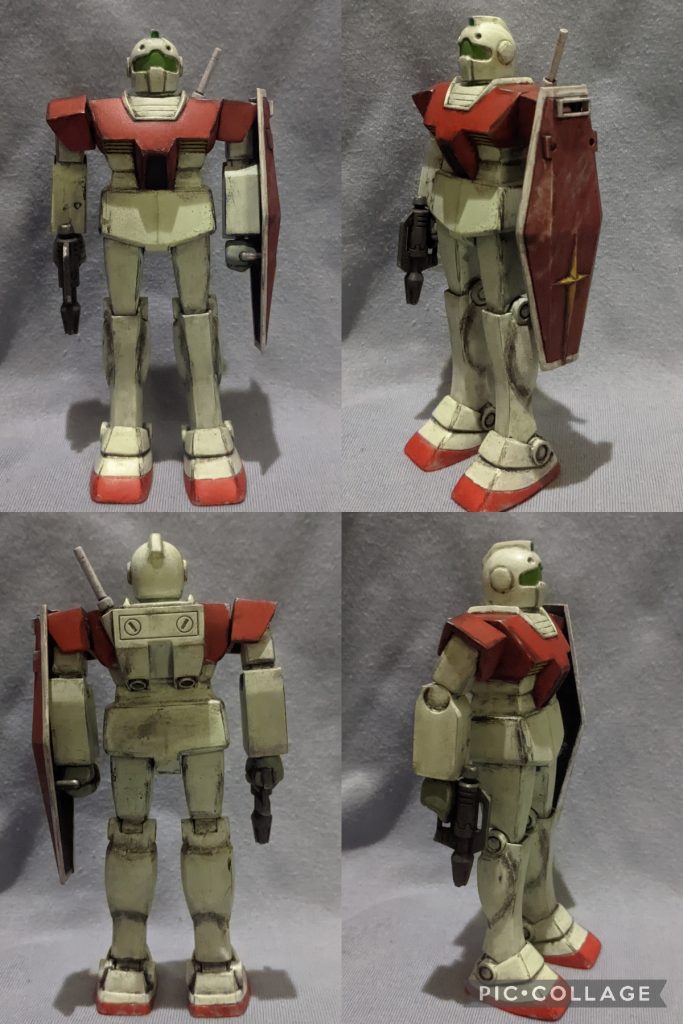 今回もウェザリングをしたのですが、「宇宙」配備のジムと言うバックボーンで、土・砂汚れはなしです。シールドやサーベルの白・赤は、本体とは違う色を使ってます。わかりづらいけどっ！！(zaku-kao10)地上ウェザリングに比べてインパクト弱いかな〜…と思ったので…