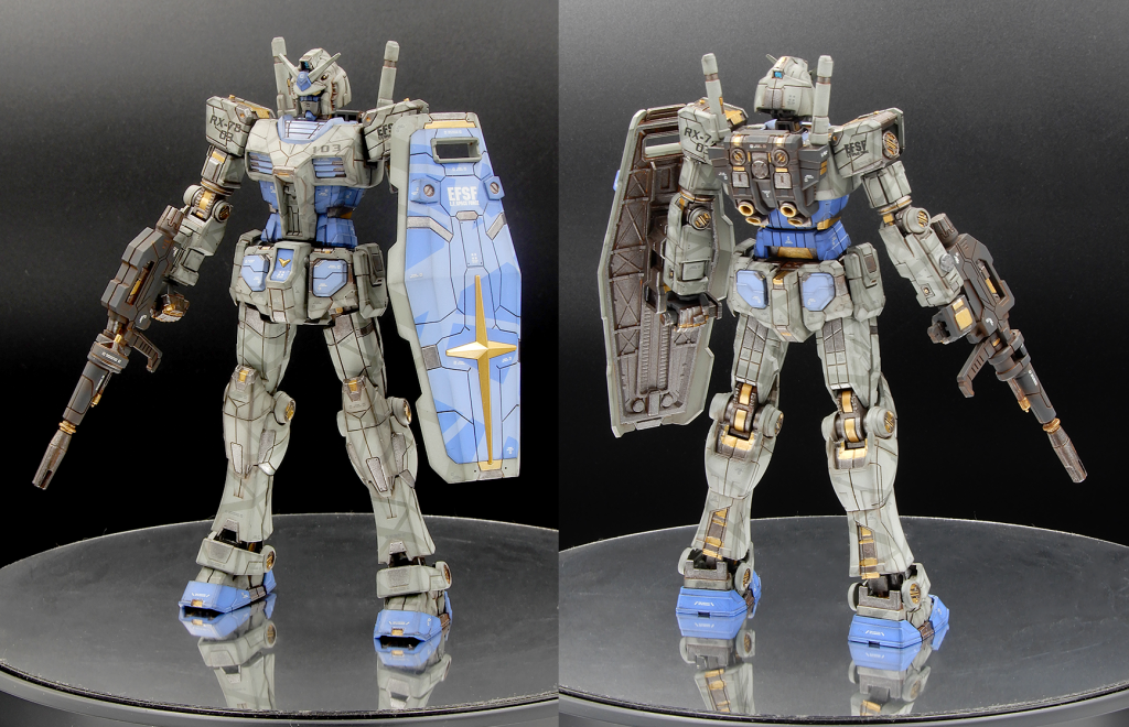 工作・頭部アンテナフラッグ除去・前スカート左右分離・ライフル銃口/背部バーニア開口・3mm穴を30MMオプションパーツで隠す塗装・下地:水性サフ グレー・基本:水性ホビーカラー ガルグレー/軍艦色(1) ・青部:水性ガンダムカラー ソードストライクブルー/エアリアルブルー (タミヤ1mm/2mm/6mmマステで幾何迷彩)・メカ部:水性ホビーカラー 焼鉄色/スーパーファインゴールド・マーキング:ガンダムデカール/HQコーションデカール・ウェザリング:ウェザリングマスター/アクリルガッシュ