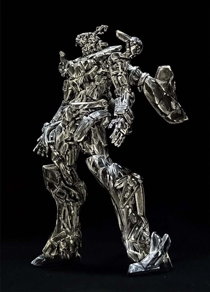 武器(ヒートホーク)無し画像から紹介致します。いつもの様にアクリルガッシュの筆塗り作品です。黒背景の場所ににガラス製品を置いている…という想定で制作しています。細かいディテールが多いので塗装が大変そうですねと、度々言われるのですがジークアクスに関しては筆塗りより基本の組立て加工・下処理の方が大変でした。