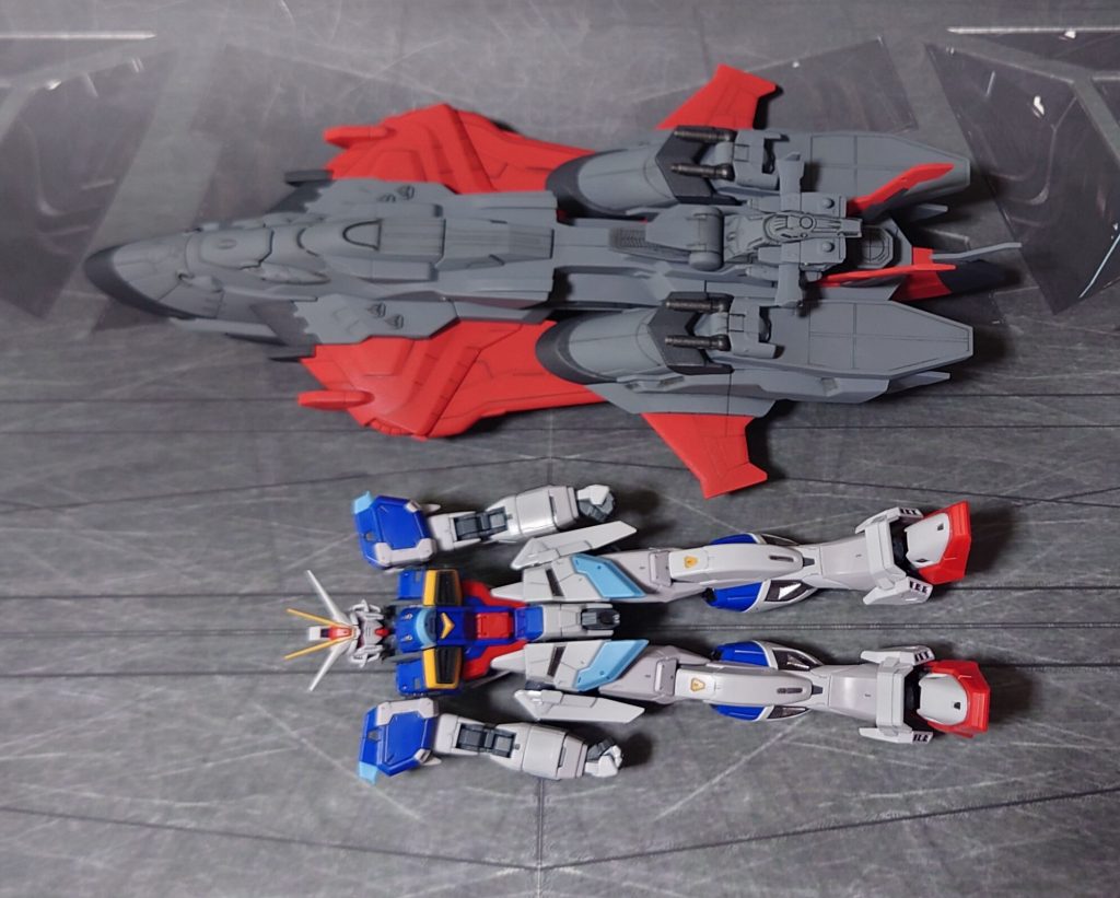RGインパルスガンダムとのサイズ比較。■塗装レシピグレー:黒サフ→呉海軍工廠グレイ→つや消し黒:黒サフ→MSグレー連邦系→つや消し赤:グレーサフ→MSレッド→つや消し金属色グレー:黒サフ→メタリックグレイ→つや消しその他部分塗装、墨入れ:ガンダムマーカー各種→つや消し