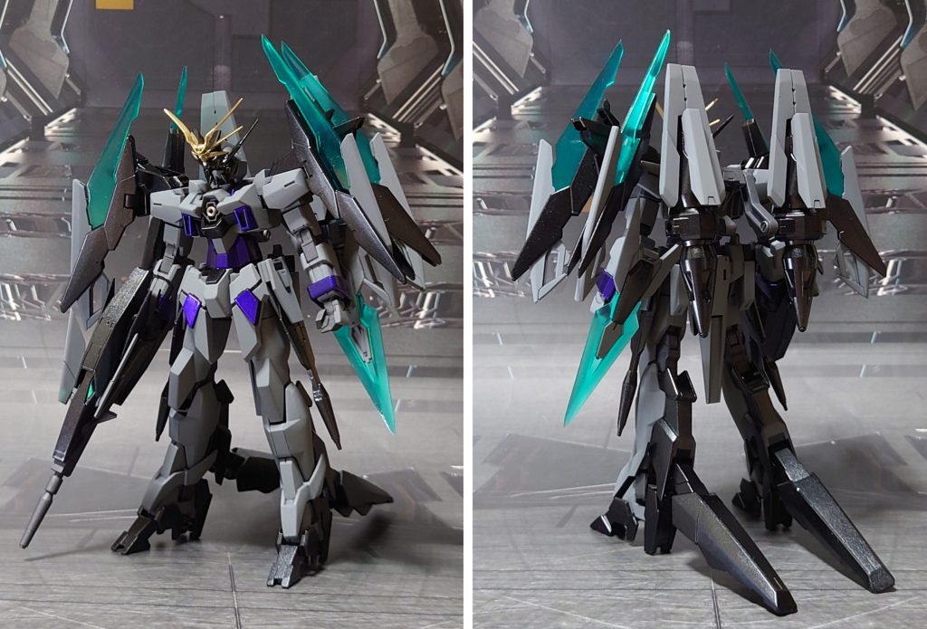 ガンダムAGEⅡファンタズムの前後ろ。工作は、ゲート痕再処理、エッジ尖らせ、パーティングライン・段ズレ・ヒケの対処、肩関節ブロック、前腕、ハイパードッズライフル本体の合わせ目消し、首関節裏、肘パッド裏、シールド裏の肉抜き穴埋め、各所面出し、市販パーツ貼り付け・埋め込みによるディティールアップを実施。手首はキット付属の物に加え、AGE系の右平手を追加。頭部アンテナにはHGUCウーンドウォート サイコブレードカスタムからサイコブレードを追加。胸部コックピットハッチには、ビルダーズパーツの組み合わせでビーム砲を設置。ガンプラなのでコックピットは好きな位置に変更可能、またはコックピット無しでも問題ない、という考えでいます。上記の仕込みにより、変形機構はオミットすることにしました。