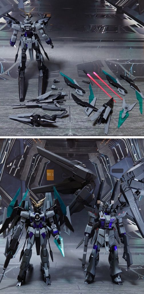 付属品一式と、セルフオマージュ元の拙作“Hi-νガンダムティミドゥス”との比較。■塗装レシピ本体グレー:黒サフ→呉海軍工廠グレイ→つや消し関節等グレー:黒サフ→ブライトガンメタル→つや消し黒:黒サフ→メタリックブラック→光沢紫:黒サフ→シャインシルバー→フロストパープル→光沢金:黒サフ→ブラック→メタルゴールド→光沢ビームサーベルグリップ、ジョイント類:黒サフビーム刃エフェクト:先端側にメタリックレッド→根元側にベースホワイト→全体に蛍光ピンクポリキャップ:PPプライマー→ブライトガンメタル→つや消しクリアパーツ:光沢ツインアイ・センサー類:キット付属シールを使用その他部分塗装、墨入れ:ガンダムマーカー各種→つや消し