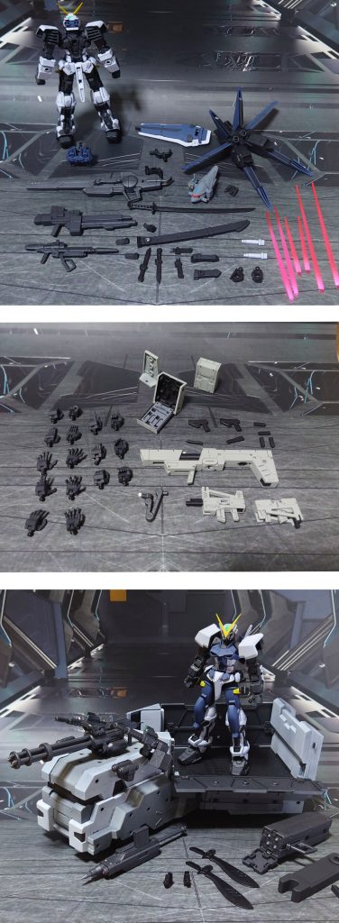装備一式。オプション兵装“コンバットセル”は他社プラモを使用、ハンドガン2丁+マガジン・サプレッサーセット、サブマシンガン2丁、フォールディングロケットランチャー1丁に分離・変形。基部は外部バッテリー、という脳内設定も足して、長時間戦闘に対応。境界戦機ウェポンセットのトレーラー“ドレッドノータス”と合わせ、幅広い範囲の戦場をカバーする脳内設定です。他、境界戦機ウェポンセットから色々と追加。最後にオマケで、HGCEゲルググメナースのレールガン、余っていたHGBFレオパルドダ・ヴィンチのビームライフルも追加、実弾ライフルということにして使用します。