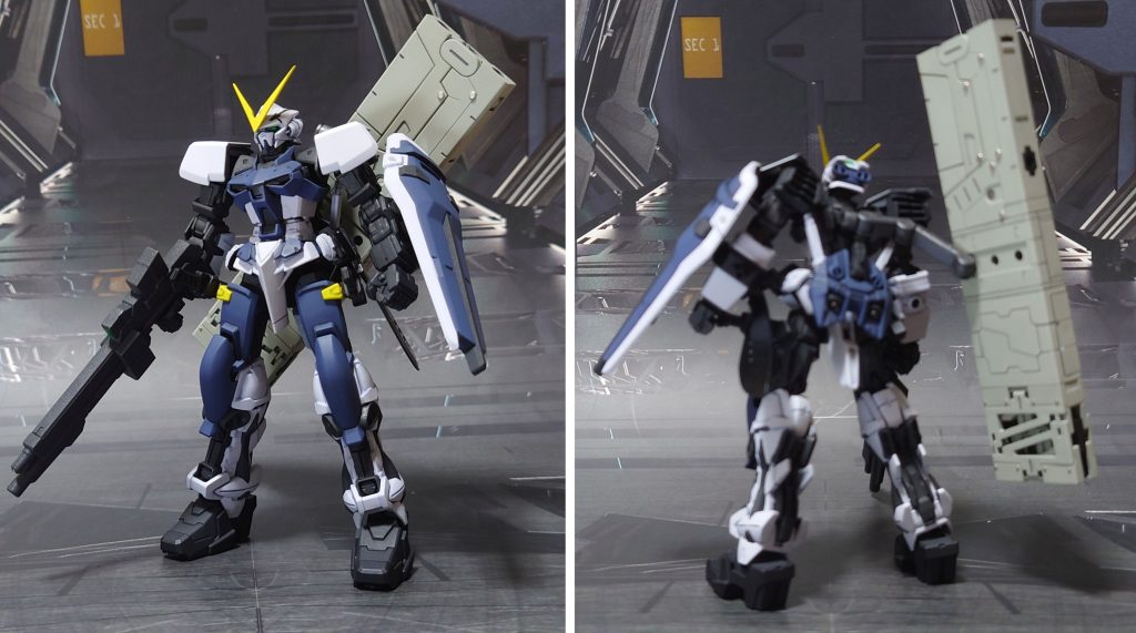 ラムダアストレイ、基本装備で前後ろ。基本工作として、ゲート痕処理、エッジ尖らせ、パーティングライン・段ズレ・ヒケの対処、面出し、首裏(ポリキャップ)・腰フロントアーマー/リアアーマー・フライトユニット主翼の肉抜き穴埋め。肩関節、上腕、前腕、太腿側股関節、膝関節、アーマーシュナイダー鞘、ガーベラ・ストレート鞘、ビームライフル、バクゥヘッド、フライトユニット下部スラスターの合わせ目消し、市販パーツ貼り付け・埋め込みによるディティールアップ。手首には他社プラモを使用し、武器持ち手、握り手と平手を追加。元の武器持ち手はバクゥヘッド持ち手専用にし、元の平手は未使用としました。