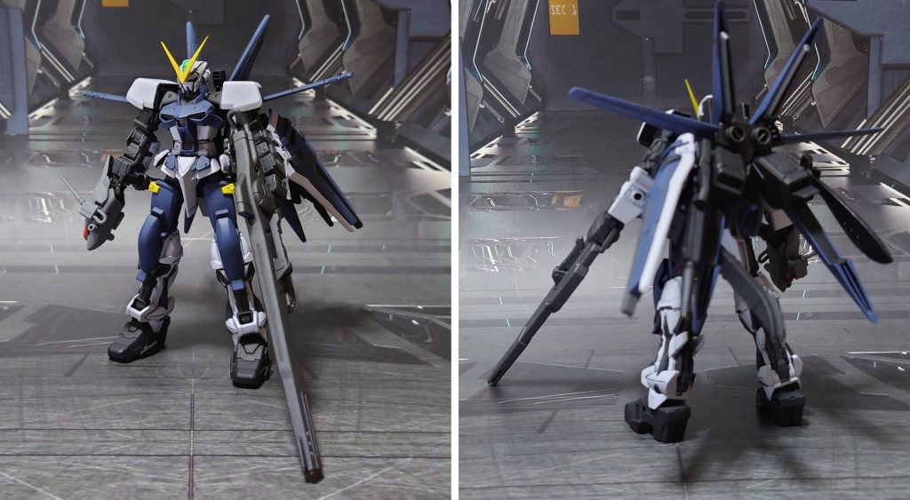 ラムダアストレイ、フライトユニット装備で前後ろ。太腿装甲のディティールと足首パーツにHGブルーフレームセカンドの物を使用し、アーマーシュナイダー、格闘用ダガーを追加しました。なお、アーマーシュナイダーは鞘の合わせ目消しと刀身の塗装により、抜き差しが困難になった為、納刀用のダミーを用意しました。その他、元々付属するフライトユニット、ビームライフル、ビームサーベル、シールド、バクゥヘッド、ガーベラ・ストレートも色を合わせて塗装し、換装武器として使用します。ガーベラ・ストレートについては、塗り分けをせず、飾り気のない黒刀にしてみました。