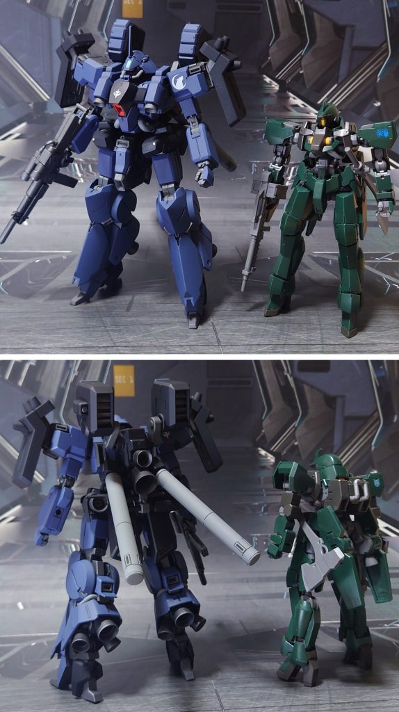 リーベン・ヴォルフのイラスト初見時に、似ていると思った“HGIBOグレイズ”との比較。■塗装レシピ青∶黒サフ→アマゾンブルー→つや消し濃青：黒サフ→ダークブルー→つや消し赤：グレーサフ→MSレッド→つや消しグレー：黒サフ→ニュートラルグレー→つや消し関節類グレー：黒サフ→ブライトガンメタル→つや消→つや消し武器類濃グレー：黒サフ→MSグレー連邦系→つや消し武器類グレー：黒サフ→ガンメタル→つや消しビームソードアックスグリップ、戦闘短刀グリップ：黒サフビーム刃エフェクト：根元にベースホワイト→先端側にクリアイエロー→全体に蛍光イエローモノアイ：蛍光ピンク頭部センサー：市販のシール素材を裏側に貼り付け→光沢ビームライフルセンサー：メタリックブルー→光沢その他墨入れ・部分塗装：ガンダムマーカー各種