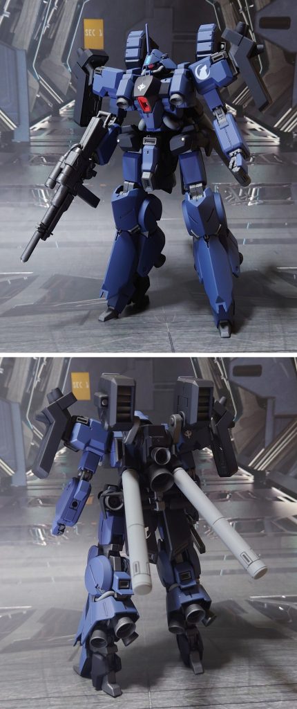 リーベン・ヴォルフの前後ろ。工作は、ゲート痕処理、パーティングライン・段ズレ・ヒケの対処、面出し、合わせ目消し、肉抜き穴埋め、市販ディティールアップパーツの貼り付け・埋め込みを実施。合わせ目消しはビームマシンガンと後述のプロペラントタンク、狙撃砲に実施。肉抜き穴埋めは、足の爪先裏、ミサイルポッド支持アームに実施。仕上げに、ガンダムUC系の公式デカールと、ガンダム作品とは無関係な狼のデカールを貼りました。なお、各所のパイプ部分はプライマー無しで塗ったため、触ると塗料がポロポロ剥がれます。なるべく触らないよう注意しますが、塗料が剥がれてオレンジの地が出てしまっても“パイプの皮膜が傷付いて中身が少し見えている”と無理やり解釈します。