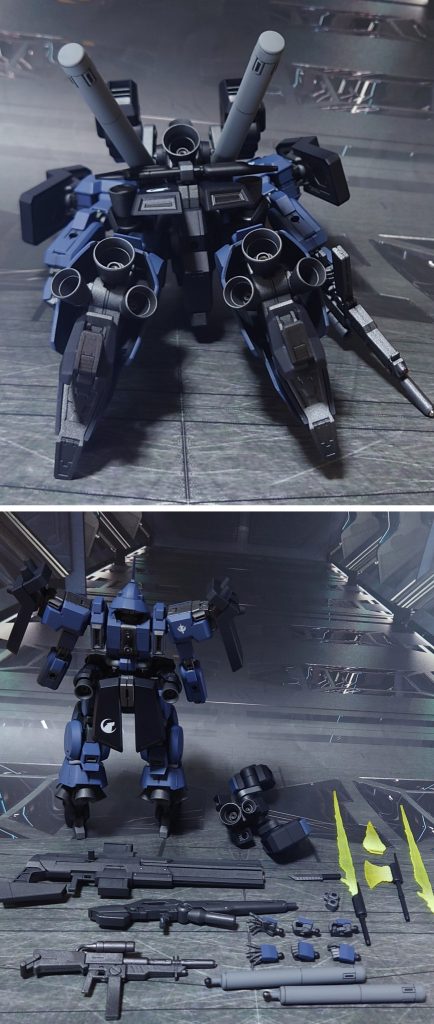 下からのアングルと、付属品一式。他キットとの連動要素として“HGUCシナンジュ”のプロペラントタンクを用意、合わせ目消しと塗装を施しました。他にも“HGUCドーベン・ウルフ”や“HGUCシルヴァ・バレト”等のバックパックを装着可能になっていますが、用意出来ませんでした。代わりに、HGUCガーベラ・テトラのビームマシンガンと、境界戦機ウェポンセットから120mm二連装狙撃砲と戦闘短刀を用意。