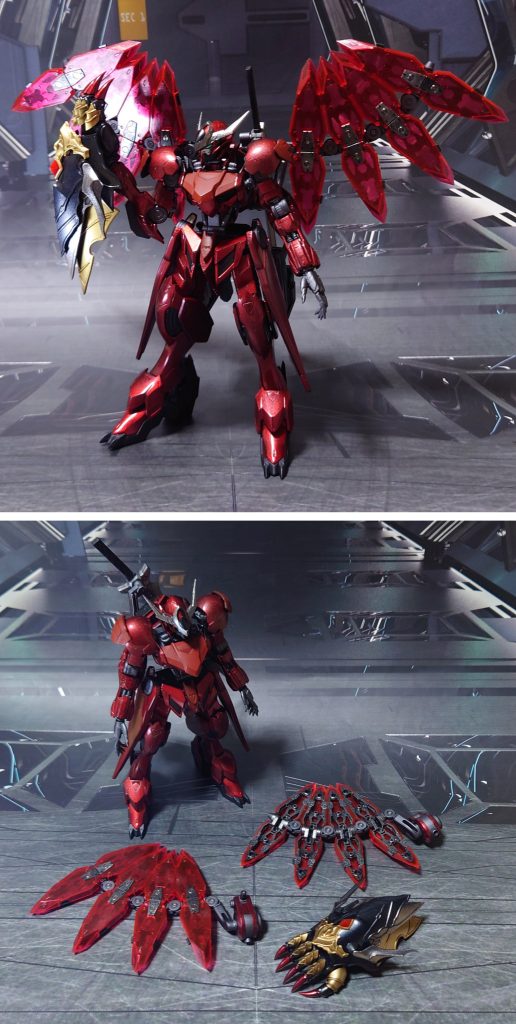 ガントレットのサイズ感と、シャルブリット装備一式。■塗装レシピ・ガントレット赤：黒サフ→シャインシルバー→メタリックレッド→光沢銀：黒サフ→シャインシルバー→光沢金：黒サフ→ゴールド→光沢黒：黒サフ→メタリックブラック→光沢その他部分塗装、墨入れ：ガンダムマーカー各種・ブースター赤：黒サフ→メタリックレッド→光沢銀：黒サフ→シャインシルバー→光沢グレー：黒サフ→ガンメタル→つや消しジョイント類黒：黒サフクリアパーツ：光沢その他部分塗装、墨入れ：ガンダムマーカー各種