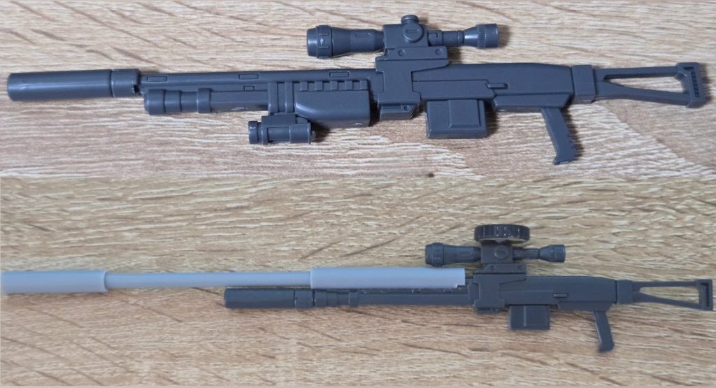 続いてはツイン・スナイパー・ライフル。名前は適当です。コトブキヤのショットガンをベースにしましたが、スナイパーにしては砲身が足りない気がしたので、プラ棒を駆使してそれっぽく改造。更に本来の発射口を下部に移設し、ザクマシンガンのマガジンを上部に取り付けることで、実弾とビーム砲との併用という設定をこじつけています。また、画像にはありませんが、エネルギーパック部分は3mm穴を空けた上でケーブルを差し込み、エネルギーパイプを作っています。