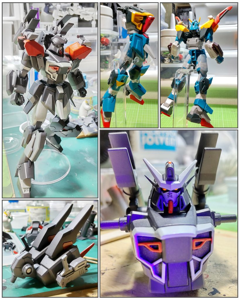 姿態の主な改修は、太ももとスネで計12mm延長、腕をソードGに付替、腹ビームは埋めて出っ張りに、背中の2門は先端切断し左右逆にして肩の部品を先端に付けて砲っぽく、両肩エモノと対艦刀はソードGから拝借。腹の模様みたいなダクトにアミアミシート切り抜いて貼ったりしてますがいまいち見栄えは期待ほどはなく、フェイスもハイニューの顔も付け替えられるようにしましたがとっかえる手間がかかるのでちょっともったいなかったかも。頭部のトサカはだいぶ削ってランナーのそれっぽい部分を加工して別部品っぽく装着しました。腰に追加ブースター装着。これはストライクのエールが余っていたのでなんとか活用したいと検討した結果がこれでした。無くてもイイカカナ。小銃2丁の保管場所としては必要なので付けます。剣以外に取り回しいい火器無かったのでせめて小銃は持たせてあげたかったので剣と同じく2丁持ちで見た目もいいかと。