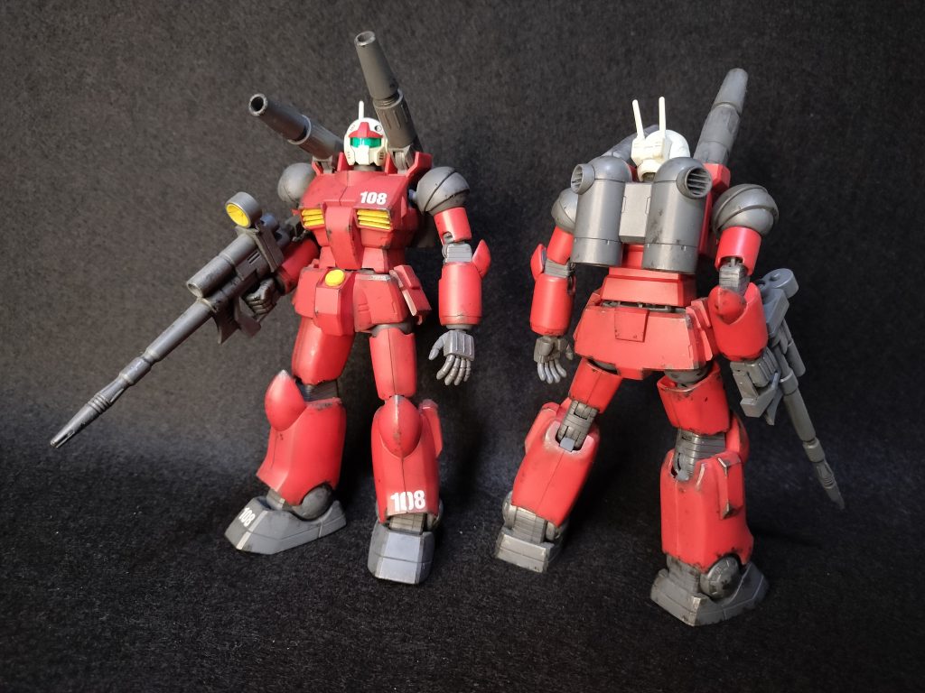 HGガンキャノン・リバイブです。無塗装素組でも見栄え良しです。再販されやすく組みやすいので、二機揃えたくなる逸品ですね。