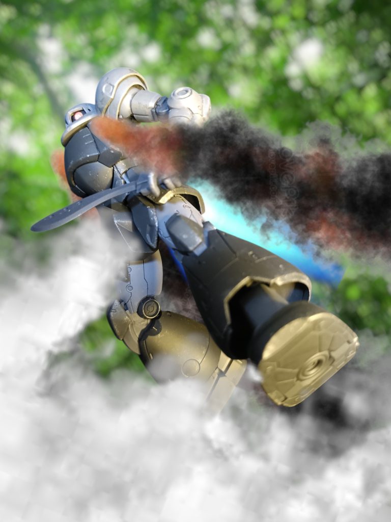 TAKE4幾合にもわたる激しい斬り結び。力量は互角ながら旧式改造機と新鋭高性能機の差は縮まらなかった。満身創痍なりつつも隊長機が辛くも勝利を収めた。「忍び寄るモノ」は大破し、煙幕を張って撤退していった。