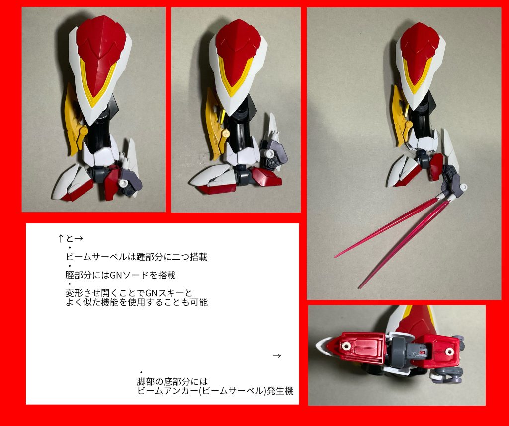 脚部にもモリモリです脛部分にはバーンレプオスのパーツを使用ビームサーベルは爪先だと少し形が崩れたので踵部分に設置しましたが意外といい感じに踵部分はそのまま踵落としやクローパーツを展開させて相手機体の足を引っかけバランスを崩させることなどにも使用が可能です足裏にはビームアンカー(ビームサーベル)を設置