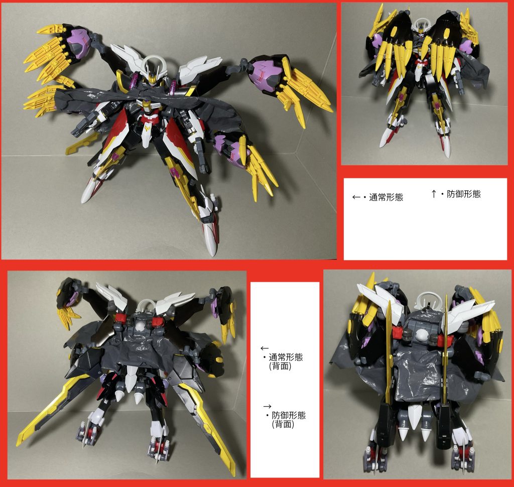 元々がNK13機体(カテドラル系機体)で粒子系スラスターですが、ミキシングで動力がGNドライブ(背部と腰部のツインドライブ設定)となりスラスターがGNスラスター化した分排熱が無くなった設定なのでABCマントを使用可能になった(ABCマントはビーム以外にスラスターの排熱にも反応してしまうために通常のスラスターの機体では機体を覆うことができませんが、本機の物はGN粒子を使用したものに変わりスラスターに排熱が無くなったために覆うことが可能になった)という解釈の設定です