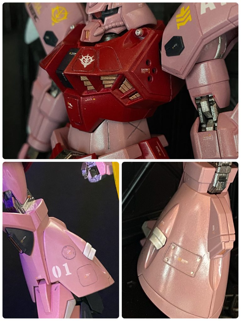 改修点としては、モノアイは蛍光塗装+クリアパーツ化。モノアイシールド加工も考えたけど、頭部がかなり小顔でクリアランスもキツキツだったので見送りました。本家ゲルググでは装甲内に納めることに成功した動力パイプが、メナースではなぜか露出&別色で悪目立ちしていたので同色で塗装。胸部装甲にパネルライン追加や、穴開け加工、腹部にもスジボリでモールド追加。脚部にもパネルライン追加。今回からスジボリテンプレートを導入して、今まで単純な直線しか彫れなかったスジボリのバリエーションを増やす試みに挑戦しました。曲面へのガイドの固定って難しい〜(zaku-kao9)