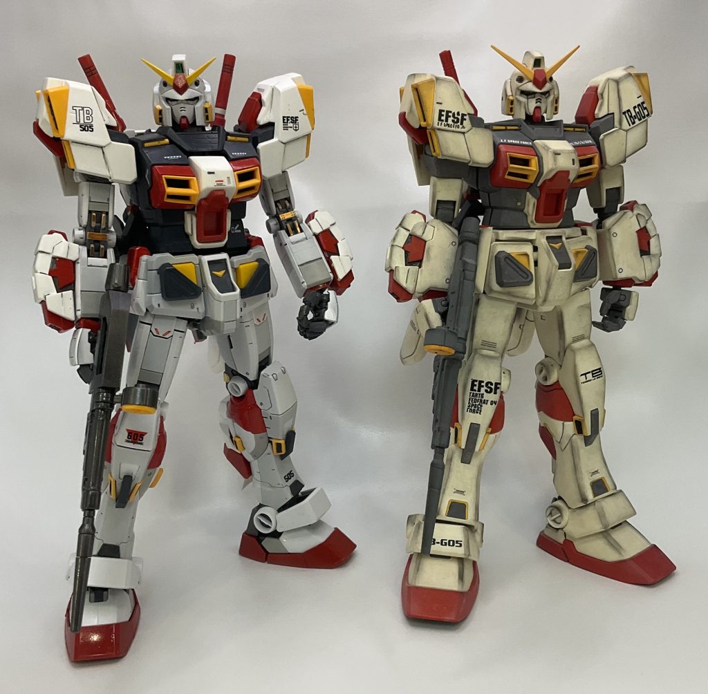 MGガンダム5号機とのツーショット古いプラモなので、黄ばみがひどいあとは、4号機だけなのですが、5号機のあとだと作業感が強くなってしまうので、いったん違うガンダムを作ろうと模索中です♪