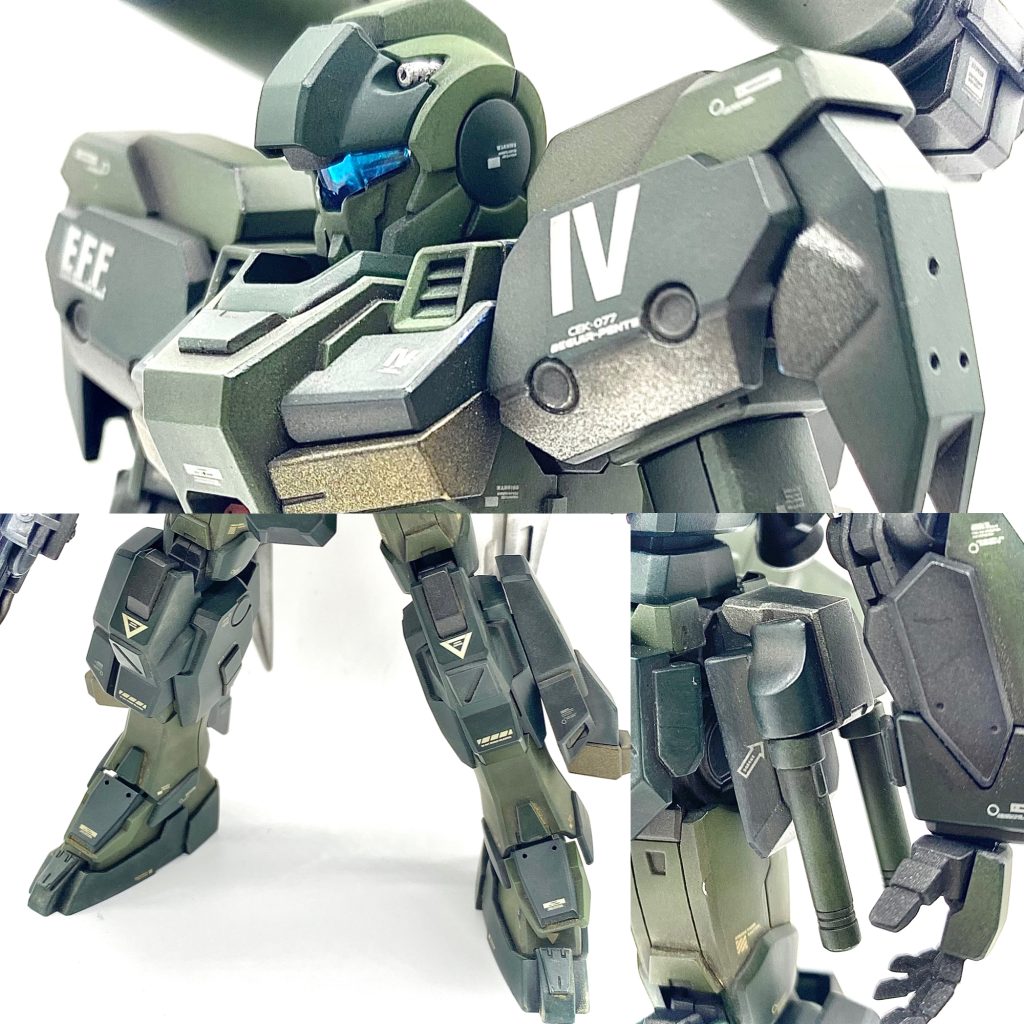 肩には、4号機のナンバリング。よーく見てみると、水星のグラスレー社、シャディクガールズのナンバリングだったりします笑脚部アーマーは、スパルタン、スナイパーと同じテイストのディティールアップパーツを使用。リヤスカートアーマーにネオジムでビームライフルを着脱できるようにしたため、ビームサーベルマウントは、サイドスカートに移植しました。