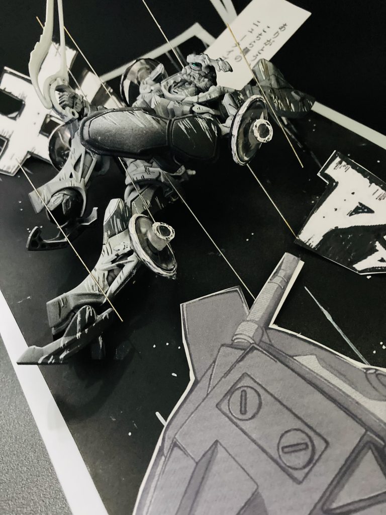 前回「ガンダム大地に立つ」を劇画タッチで制作しましたが、今回のジークアクスは最終回シーンをコミック風にはっきりとしたイメージ風で制作しています✨