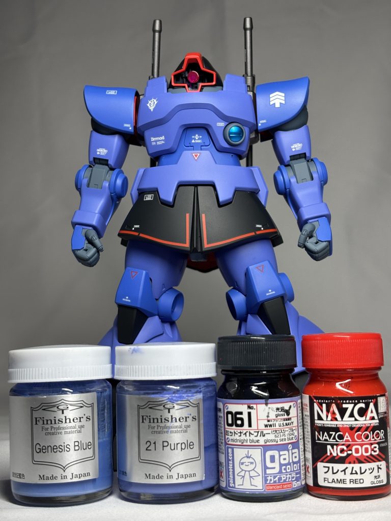 外装:(濃い青)青サフ→ジェネシスブルー、(薄い青)青サフ→21パープル、(赤)ピンクサフ→フレイムレッド、(黒)グレサフ→ミッドナイトブルーフレーム:メカサフヘビー+青サフ、武器:ガンメタサフ