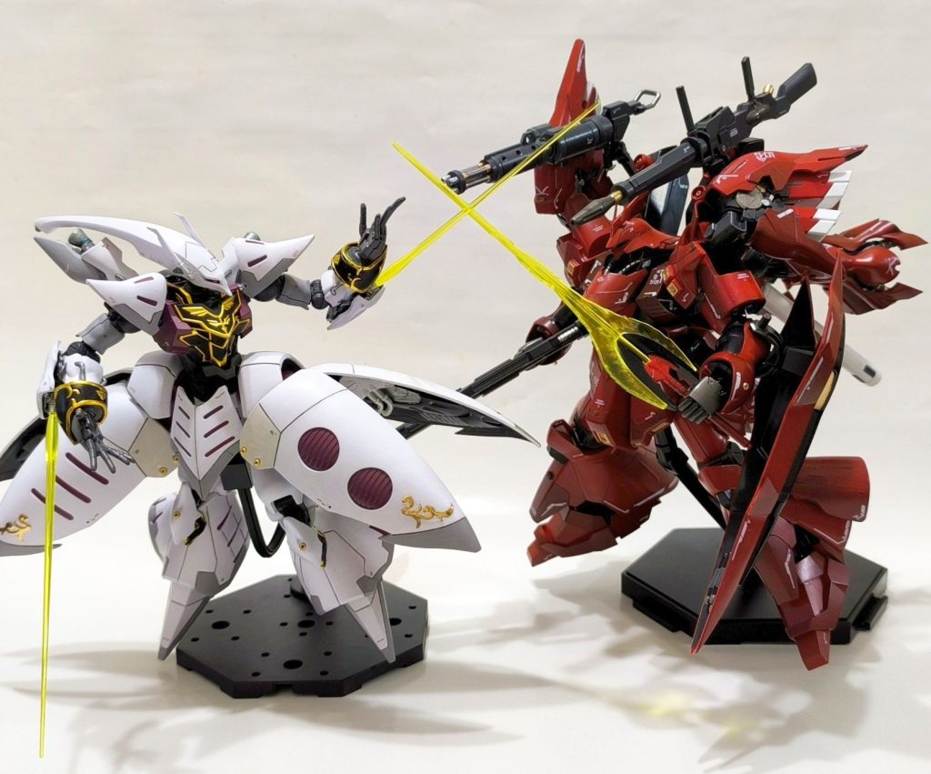 キュベレイE.v.Eとの2ショット。キュベレイE.v.Eの設定はフル・フロンタル=ハマーンのコピーという世界線での愛機、ということにしていたので、こんな感じですかね↓シャア「このプレッシャー…まさかハマーンなのか?」フル「シャア・アズナブルだと! アクシズと共に消えたはずでは…!」