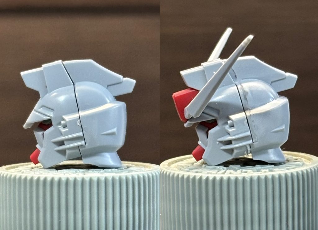 頭部は兜の前後幅をプラ板で延長して合わせ目をしました。