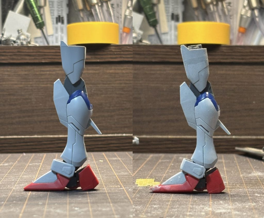 脚も腿の延長と鳥足加工を行い、つま先の形状もプラ板で変更しております。