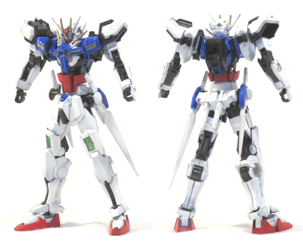 　エクシア・バルバトスに加えてHGCEストライクをミックスした結果、バルバトス成分が激減。　胸や耳、手足のGNコンデンサー内部はハセガワのホログラムフィニッシュを入れてみました。