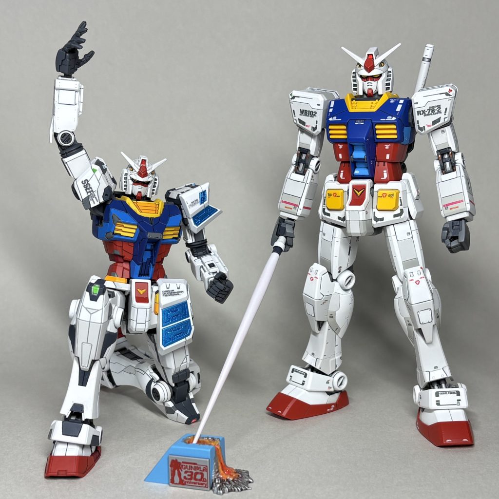 EG RX-78F00/Eガンダムと並べて まえEG万博ガンダムの出来がとても良かったので全塗装し、HG静岡ガンダムも塗装することにしました。