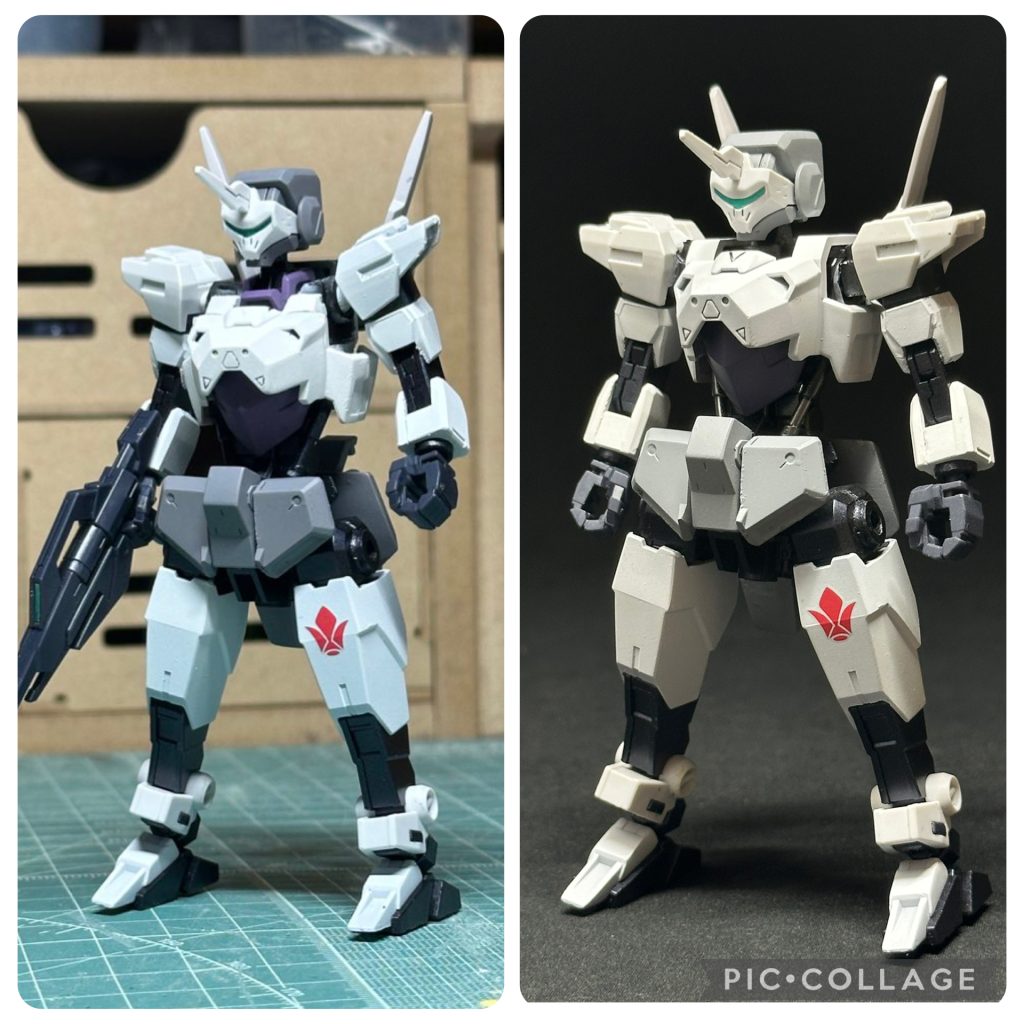 改修箇所は主に胴体。獅電をそのまま使ってるので肩周りが変化。可動域は減りましたが、ドッキング時に肩パーツを使う必要がなくなりました。それに伴い、💪パーツも獅電の関節パーツと合体させることになったのでコアガンダム特有のポリキャップを引っ張る手間もなくなりました。