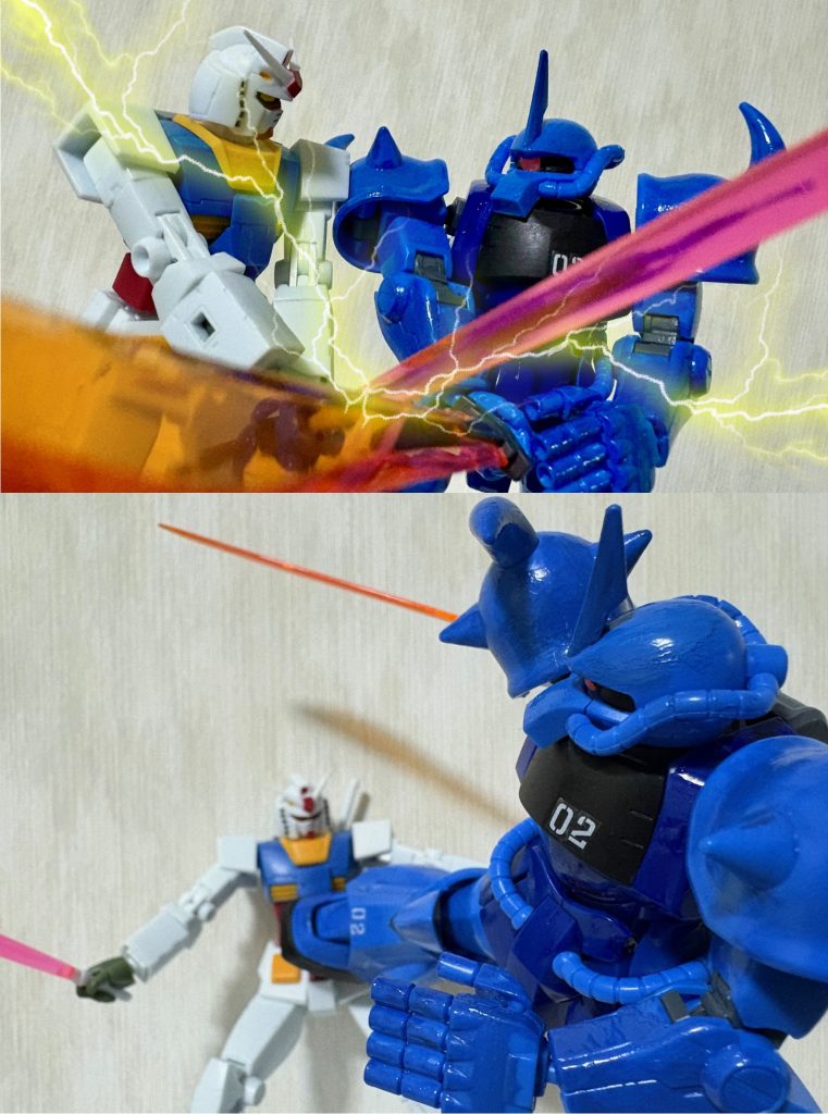 ユージ「なかなか、やるじゃないの新型ァ!」パイロットはランバ・ラルではないが、ガンダムと互角の死闘を演じる。すんでのところまで追いつめる。