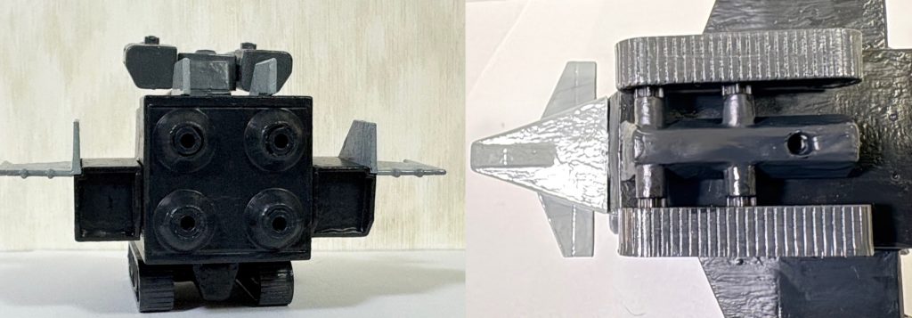 今回の改造ポイントはズバリこれだ。後部のバーニアとキャタピラ下部にルーターで穴をあけ、ホビーベースのジョイントキャッチャーを追加した。