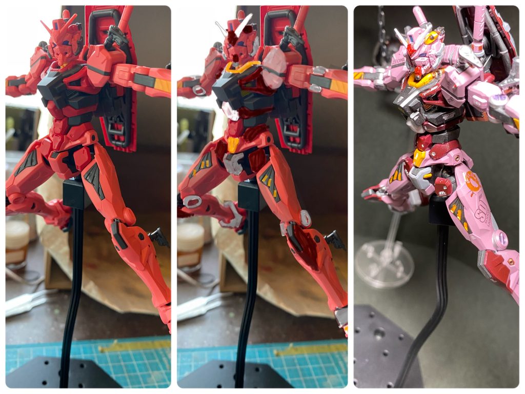 素組→カラーシュミレーション→完成後です。昨年制作したシャア専用機たちと同じく、自分がカッコいいと思うシャア専用機のカラーリングとしました。メインカラーはシャアピンクというより藤色、赤は小豆色ですね。メリハリという意味で、各部に、グレーメタリック、オレンジイエロー、白を入れています。