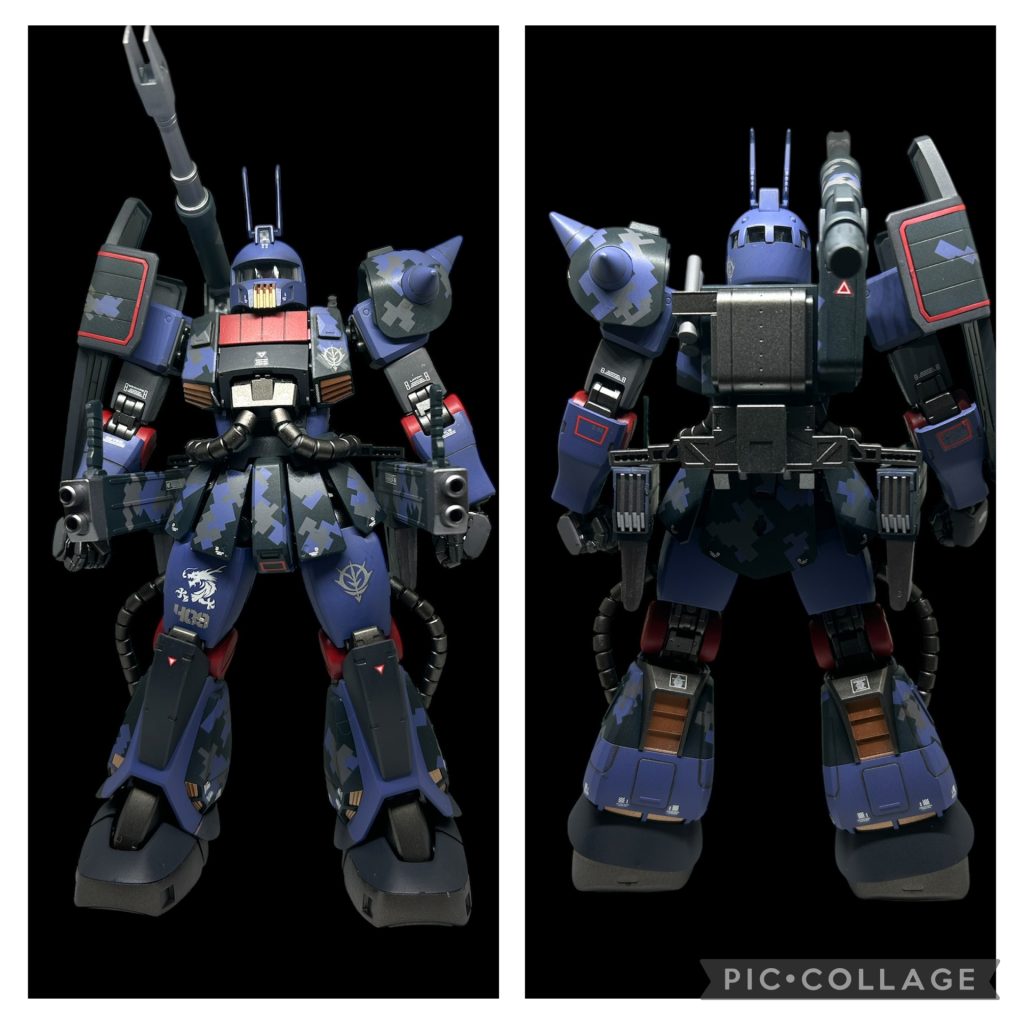 背景は消しましたが色味はいじってません。ミッドナイトブルー、チャコールグレイ、灰褐色、差し色に赤、フレームはスターブライトアイアン、銃器はメタルフレーム2とガンメタルの塗り分け、足部はグラファイトブラックです。