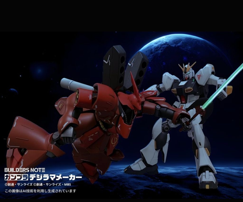 某ガンプラ投稿サイトのデジラマで劇中シーンを再現しました。サザビーのビームアクスを水平に持てればいいんですけど、無理ですね。