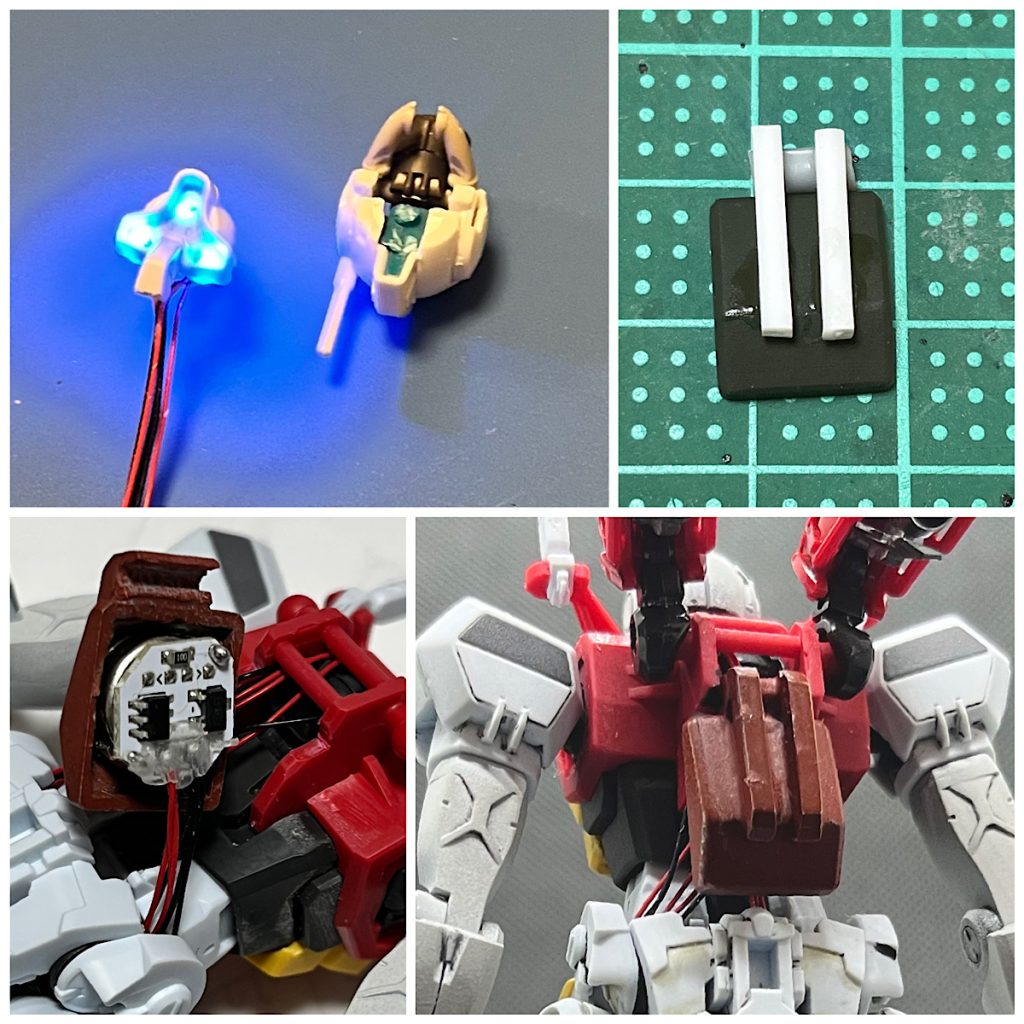 ここからは少しメイキングを。LEDは W-PARTS  LEDモジュール（磁気スイッチ付） LEDが3個でリード線タイプのものを使ってます。テストのときは3個とも元気だったのに、途中で1つ断線してしまいました。。。。気を付けましょう。ボタン電池は背中に背負わせてます。カバーはジムキャノンⅡの腰アーマーが余っていたので、それにプラ棒とプラパイプでブリッジをつけて背中のバックパックのバーに付けました。近くで見ると雑ですね(恥)