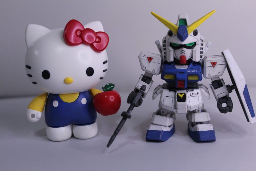 合わせ目消し：キティの顔、ガンダムの顔、キティの胴体　　　　合わせ目がうまく消えず結局ほぼ筆塗り全塗装穴埋め：いっぱいｗ塗装：水性ホビーカラー (エアリアル改ブルーほか)   　リボンはメタリックレッドパステルシャドウ：ガンダムのみ、つや消しトップコート：水性ホビーカラーつやありトップコート<リボン>：水性ホビーカラー