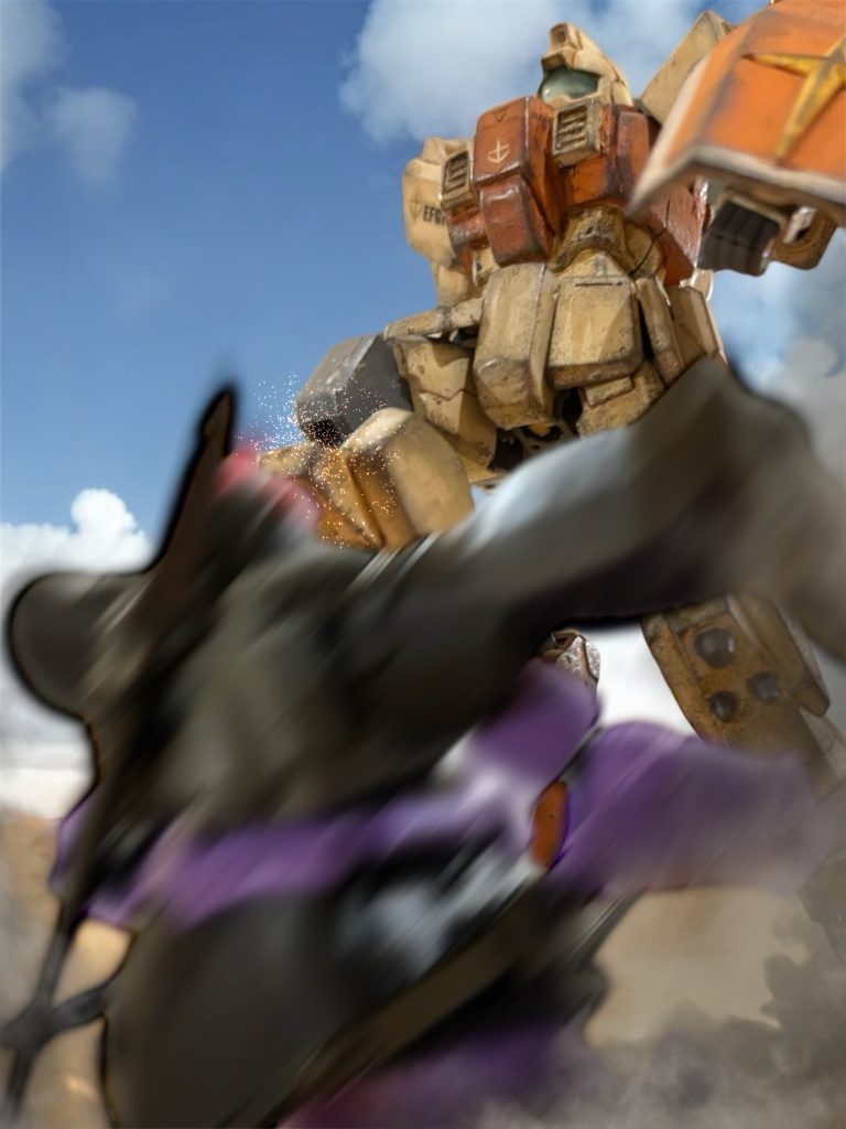 『喰らえ!』イギーはジムのバーニアをふかすと、機体を跳ね上げた。膝のスパイクが、ドムのカメラを打ち砕いた。ジムの突進力に、ドム自身の加速が加わり、そのまま頭部を根こそぎ吹き飛ばした。のしかかったジムの重量に、コクピットも潰れてしまった。