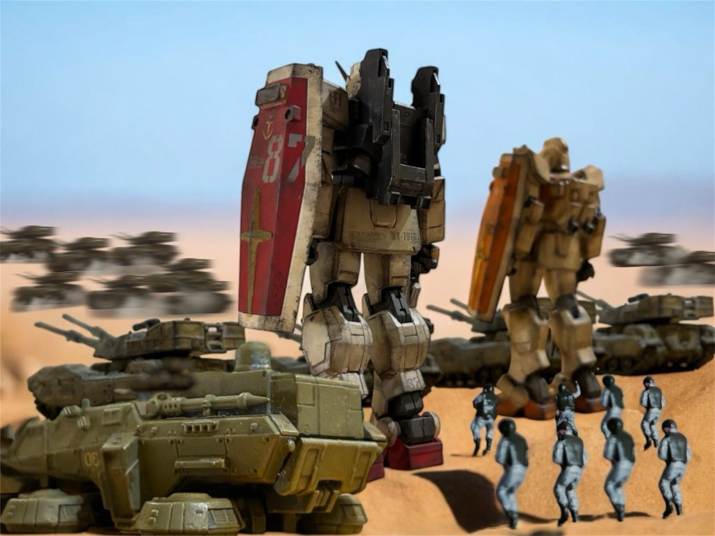 U.C.0079 11月7日。レビル将軍から地球東ヨーロッパ方面に進軍中の地球連邦軍全軍に、オデッサ作戦の発動が通達された。 空を覆い尽くすほどの航空戦力による絨毯爆撃に、鉱山地帯の山間に見える資源採掘基地が次々と焼け野原になっていく。視界を覆い尽くした爆炎の中から、やがて、一つ目の巨人たちが立ち上がる。巨大なマシンガンを構え、遠い地平から群れをなして迫ってくる。 前衛の戦車部隊と陸戦艇の滑腔砲、メガ粒子砲が火を吹く轟音が聞こえてきた。『戦車隊は、主力の大隊の左翼に合流。MSは、