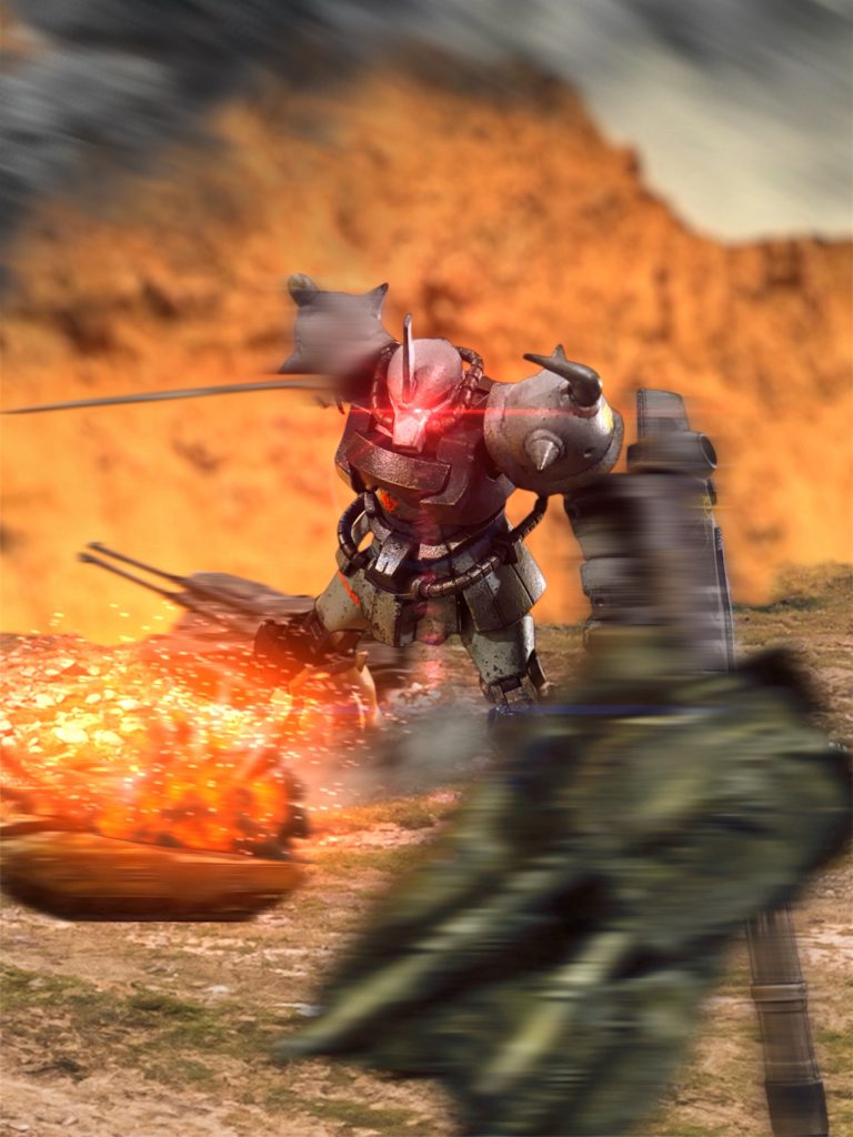 叫びながら、アーサーはグフを走らせた。戦車隊のど真ん中に突っ込むと、文字どおり、蹴散らした。既に、自分たちが敗残兵であることは認めよう。しかし、義も勇もない者どもに、みすみす渡す命などここにはない。