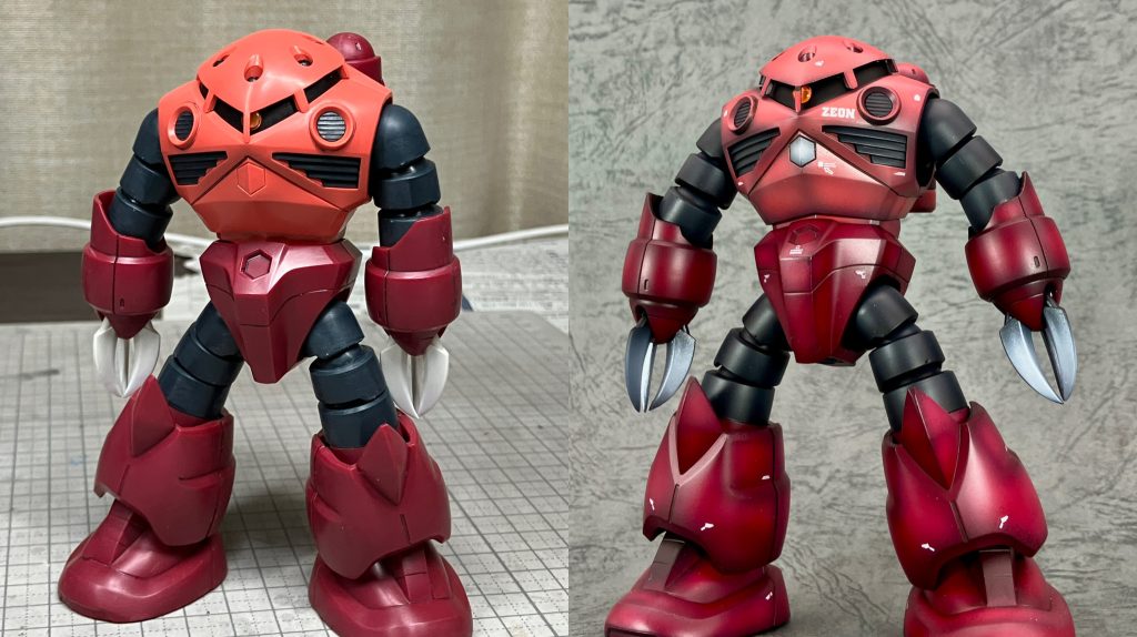 【塗装】本体 ピンク1. マホガニーで下地塗装2. クールホワイトでハイライト塗装3. スポンジでエナメル:ダークアイアンをチッピング4. シャアピンク+クリアルージュ+クリアでコート本体 濃い赤1. マホガニー+黒サフで下地塗装2. クールホワイトでハイライト塗装3. スポンジでエナメル:ダークアイアンをチッピング4. ローズディープレッド+クリアでコート本体 白(アイアンネイル1. メカサフスーパーヘヴィで下地塗装2. クールホワイトでハイライト塗装3. 薄い目のダイヤモンドシルバーでコート本体 グレー1. 黒サフで下地塗装2. ニュートラルグレーⅣでハイライト塗装