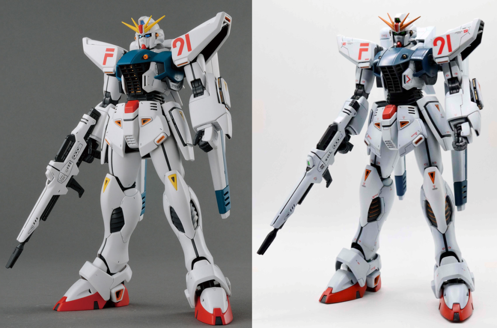 比較写真で、変更点を記載します・肩が横に長いので、短くしています（難儀しました）・膝や腰の三角マーク（これぞ大河原デザイン？）は、少し小振りにしています（これも割と苦労しました）・左腕（ビームシールド側）ですが、やたらとポパイ感（通じるかな？）があるので、可能な限りで狭めています