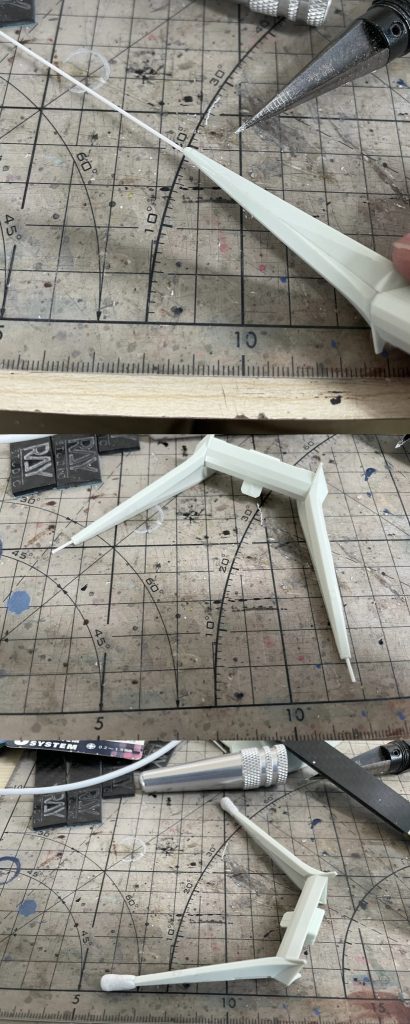 主な改造内容は以下通りです：アンテナの延長＆先端鋭利化　→ 元キットのアンテナにプラ棒を埋め込み補強後、ABパテで造形を整形