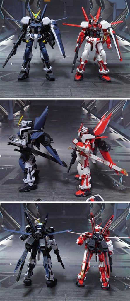 原型機、ほぼ素組・ガンダムマーカー塗装したHGレッドフレーム(フライトユニット装備)との比較。■塗装レシピ・ラムダアストレイ白：黒サフ→パープルヘイズ→つや消し青：黒サフ→アマゾンブルー→つや消し濃グレー：黒サフ→MSグレー連邦系→つや消し黒：黒サフ→メタリックブラック→つや消し黄色：グレーサフ→イエロー→つや消しフライトユニット、レールガングレー：黒サフ→ブライトガンメタル→つや消しバクゥヘッドグレー：黒サフ→ニュートラルグレー→つや消しガーベラ・ストレート刀部、ガーベラ・ストレート鞘の鯉口、アーマーシュナイダー刃：黒サフ→メタリックブラック→光沢ビーム・ライフルグリップ、アーマーシュナイダーグリップ、その他ジョイント類黒：黒サフビーム刃エフェクト：先端側にメタリックレッド→根元側にベースホワイト→全体に蛍光ピンクポリキャップ：PPプライマー→(各色)ツインアイ、センサー類：キット付属シール、市販シール素材を使用その他部分塗装、墨入れ：ガンダムマーカー各種・コンバットセル白：黒サフ→ガルグレー→つや消し接続アーム類グレー：黒サフ→ブライトガンメタル→つや消しジョイント・銃身：黒サフその他部分塗装、墨入れ：ガンダムマーカー各種・ドレッドノータス、境界戦機ウェポンセット系白：黒サフ→ガンメタル→ベースホワイト→つや消しグレー：黒サフ→ロイヤルライトグレー→つや消し金属色黒：黒サフ→メタリックグレイ→つや消しその他黒：黒サフクリアパーツ：つや消しライト部：キット付属シールを使用武器類グレー：黒サフ→ガンメタル→つや消しパイルバンカー槍先端：黒サフ→ガンメタル→シャインシルバー→つや消しマチェット：黒サフ→メタリックブラック→光沢その他部分塗装、墨入れ：ガンダムマーカー各種