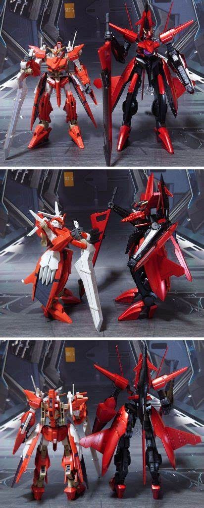 原型機となる、ガンダムスローネツヴァイとの比較。■塗装レシピ赤：黒サフ→シルバーリーフ→メタリックレッド→光沢黒：黒サフ→メタリックブラック→光沢フレーム部分グレー：黒サフ→ブライトガンメタル→つや消しポリキャップ：PPプライマー→ブライトガンメタル→つや消し武器類グレー：黒サフ→MSグレー連邦系→つや消し武器類銀：黒サフ→シャインシルバー→光沢ビームサーベル刃エフェクト：先端側にメタリックオレンジ→根元側にベースホワイト→全体に蛍光オレンジGNドライヴクリアパーツ：光沢GNドライヴ内部：キット付属シール、市販シール素材を併用センサー類：キット付属シールを使用墨入れ・部分塗装：ガンダムマーカー各種を使用