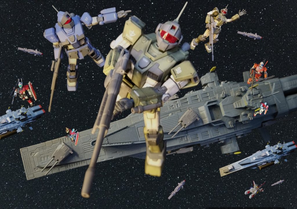 このボックスアートを作るために、今まで作ってきたジム、ジムキャノン、ジムライトアーマー、EXマゼラン、EXサラミス、ホワイトベースと勢ぞろいさせました。最後までご覧いただきありがとうございました。